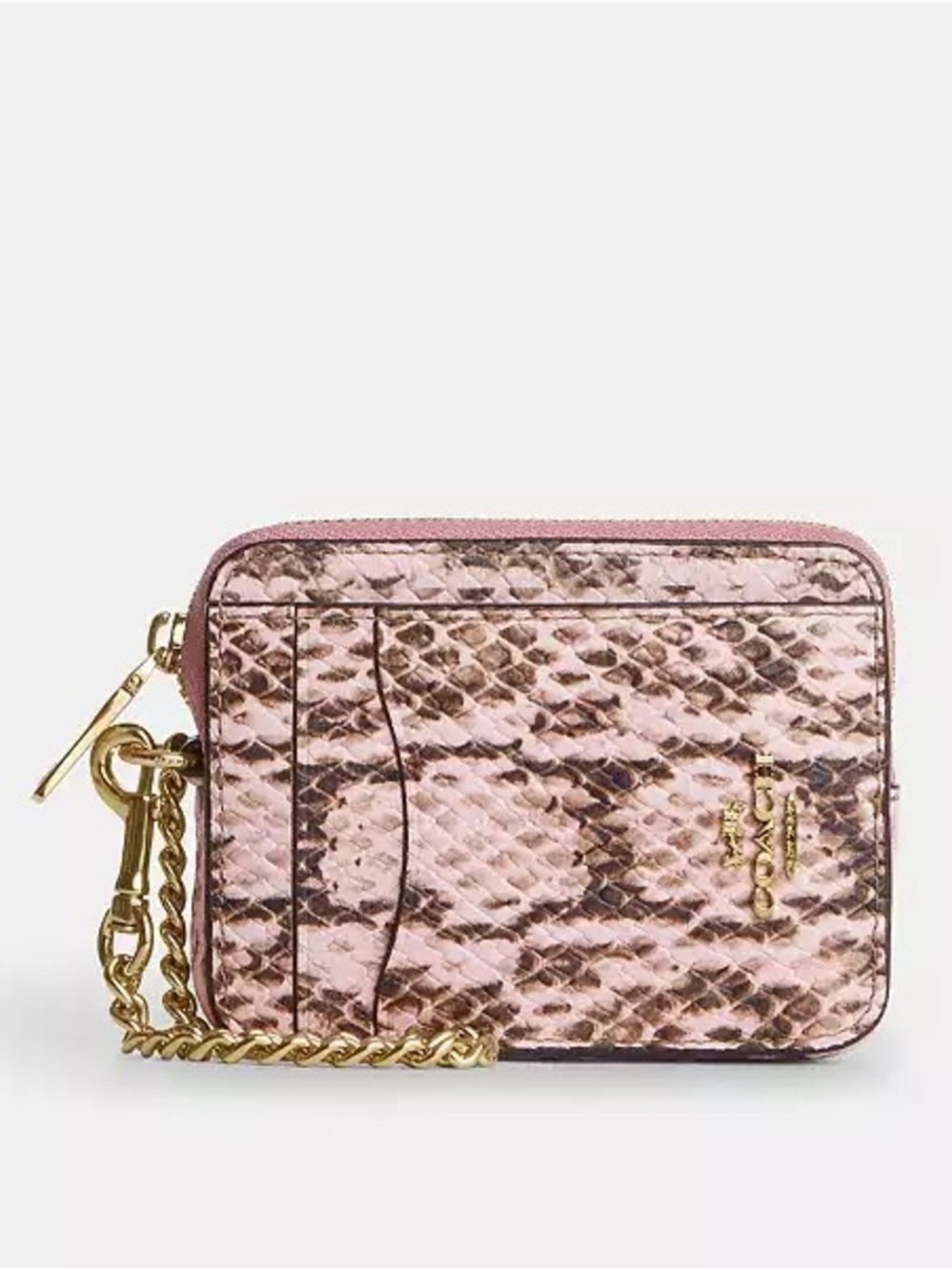 Coach Zip Card Case with Chain Strap in Gold/Pink Snake Embossed Leather NWT